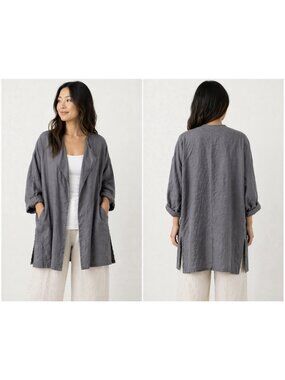 Vikolino L Gray Euro Washed Linen Oversized Lagenlook Long Sleeve Jacket NEW